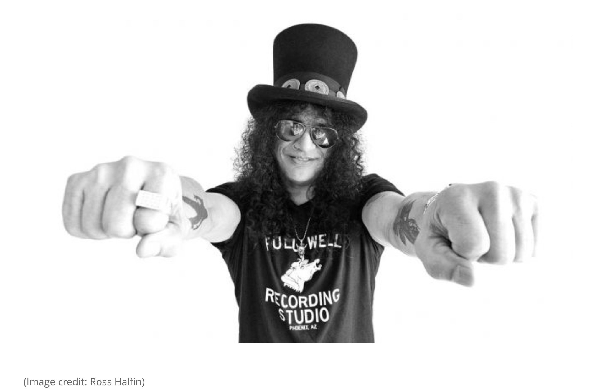 slash wearing a Full Well Recording t-shirt